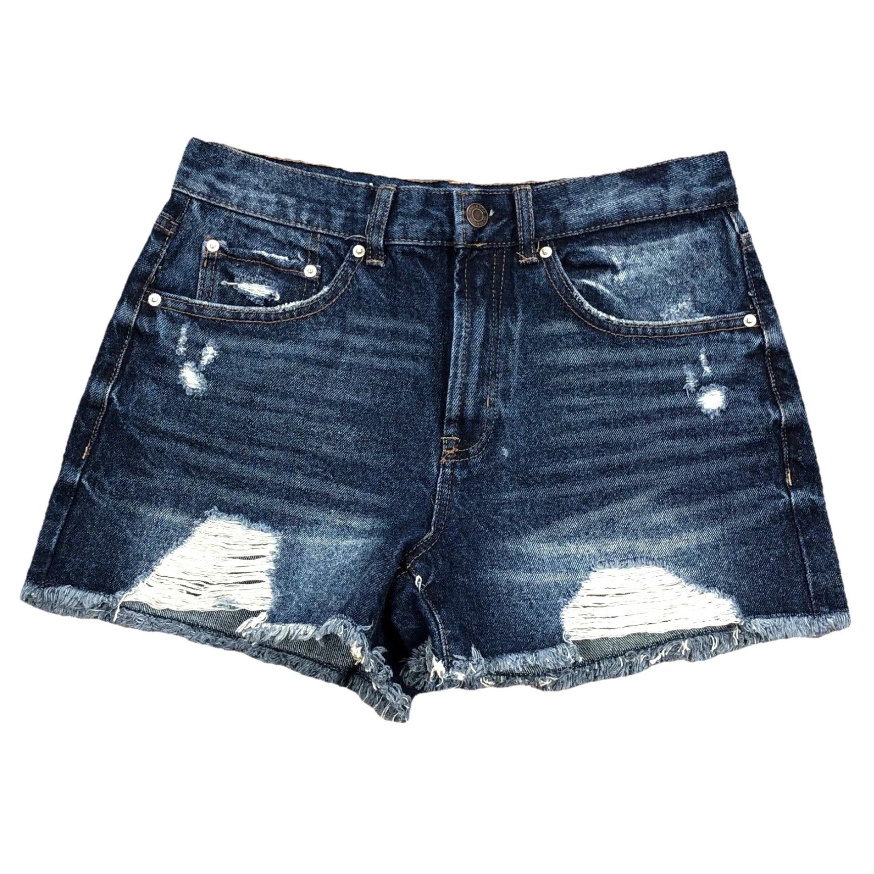 Vintage Vanilla Star Denim Shorts Women 3 Cut Off Mid Rise Dark Wash Distressed Holes Pocket Zipper Button Casual Modern Festival Size 26" / US 2 / IT 38 - 2 Thumbnail