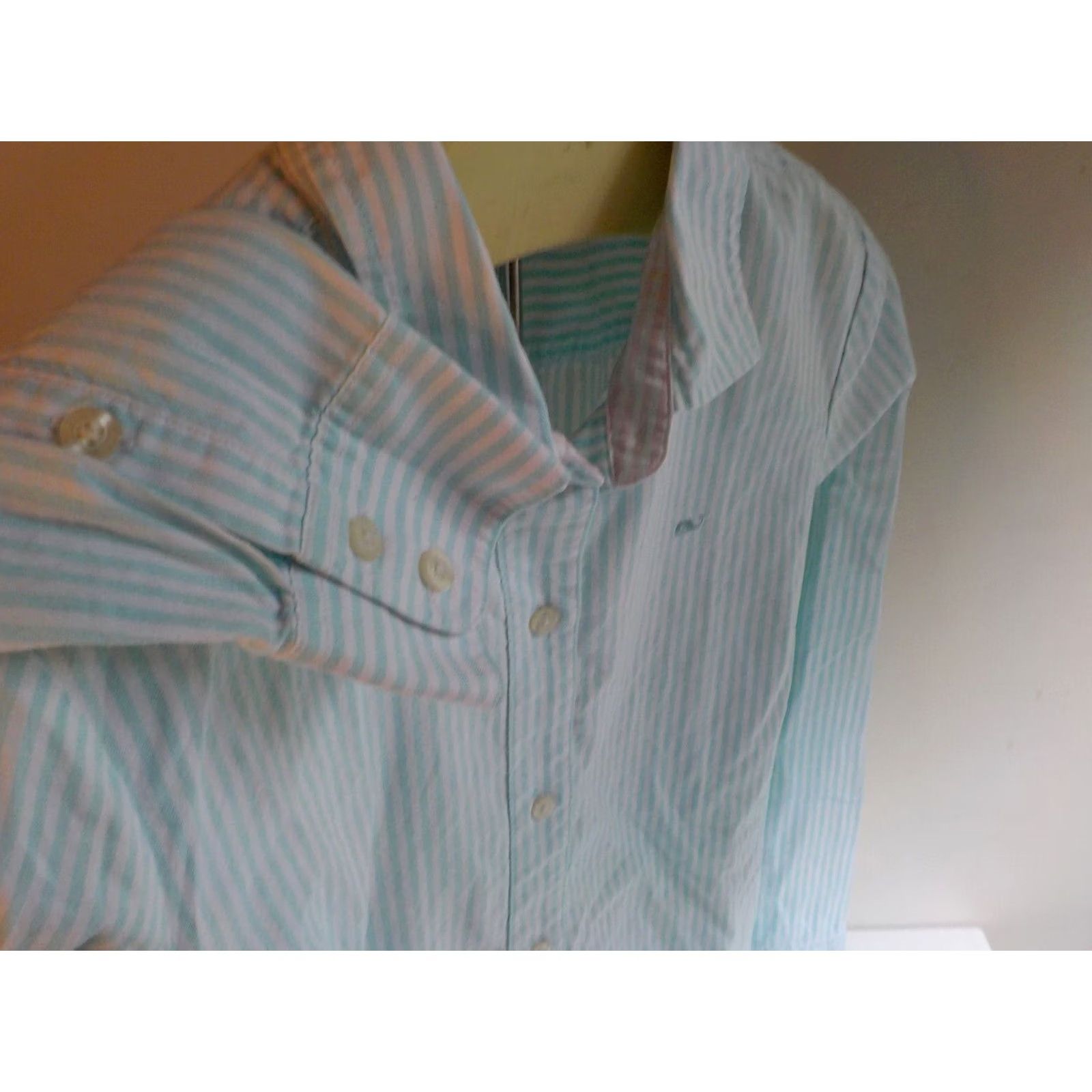 Vineyard Vines VINEYARD VINES Blouse Striped Long Sleeve Collared Teal White 100% Cotton SZ 8 Womens Size M / US 6-8 / IT 42-44 - 4 Thumbnail