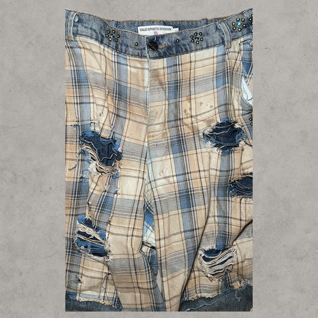 Vale Vale Distressed Worn Plaid Layer Wide Blue Leg Jeans Sz 30 Size US 30 / EU 46 - 5 Thumbnail