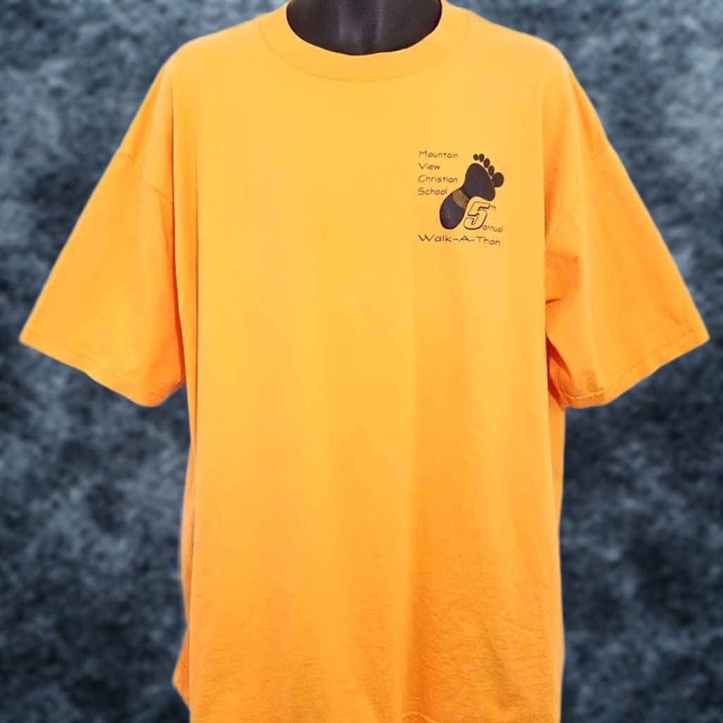 Tultex VINTAGE Jesus Walk A Thon T Shirt Mens 2XL Orange 90s Christian Mountain View Tultex Shirt Short Sleeve Crew Neck Graphic Tee Boys Womens Size US XXL / EU 58 / 5 - 1 Thumbnail