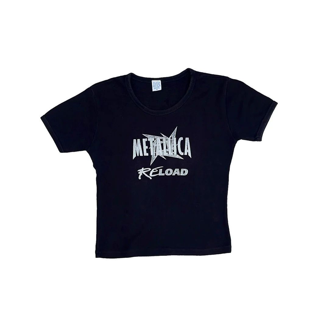 image of Band Tees x Metallica 1997 90's Vintage Reload Band Tour Girl Top Tee in Black, Women's (Size Small