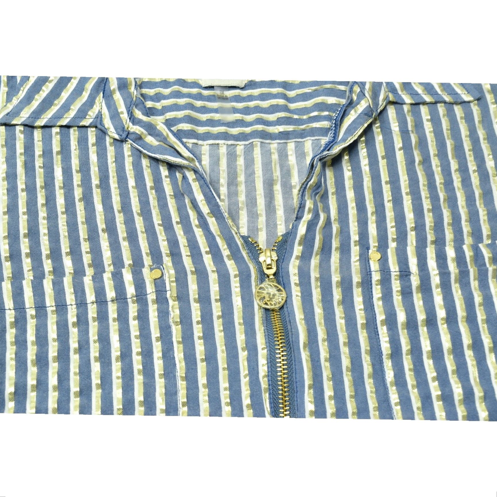 Anne Klein Anne Klein Womens Blouse Plus Size 3X Blue White Gold Metallic Stripe Zip Front Size XXL / US 16-18 / IT 52-54 - 5 Thumbnail
