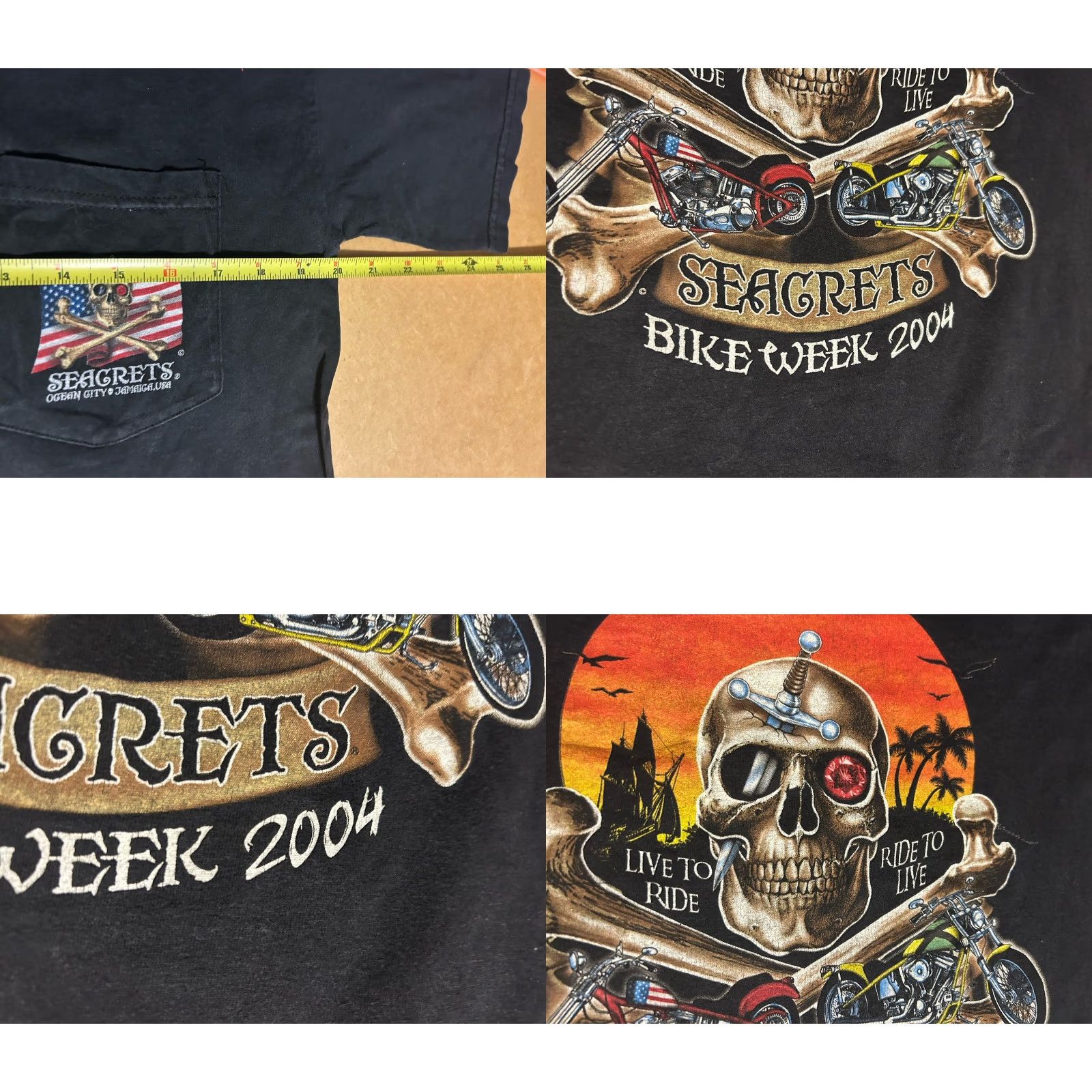 Gildan VINTAGE Gildan T-Shirt Seagrets Ocean City Jamaica USA Bike Week 2004 Black Short Sleeve Men M XS? Size US M / EU 48-50 / 2 - 10 Thumbnail