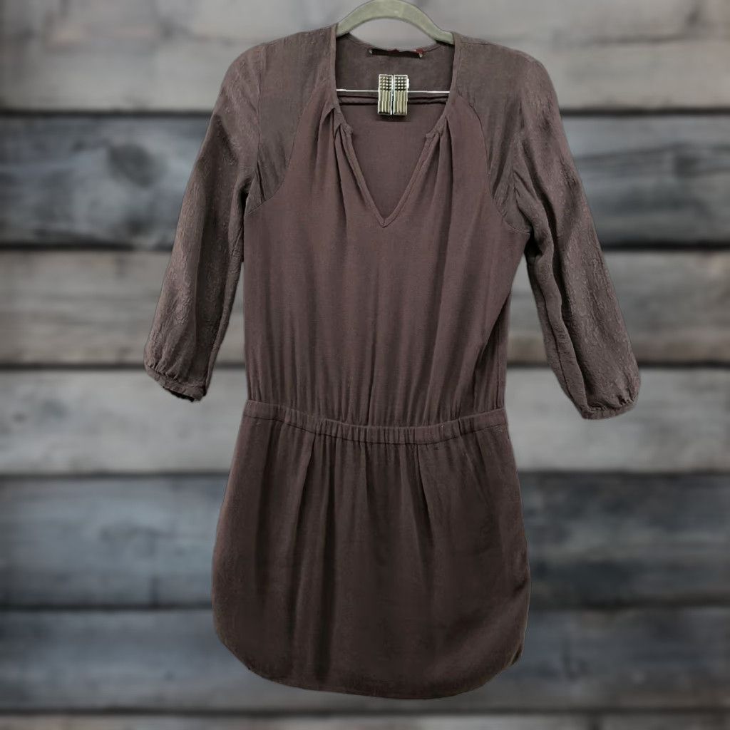 Vintage Comptoir des Cotonniers Brown Silk Blend Mini Dress Tunic A Line XS Dress Womens 3/4 Sleeve V-Neck Solid Spring Summer Size XS / US 0-2 / IT 36-38 - 1 Thumbnail