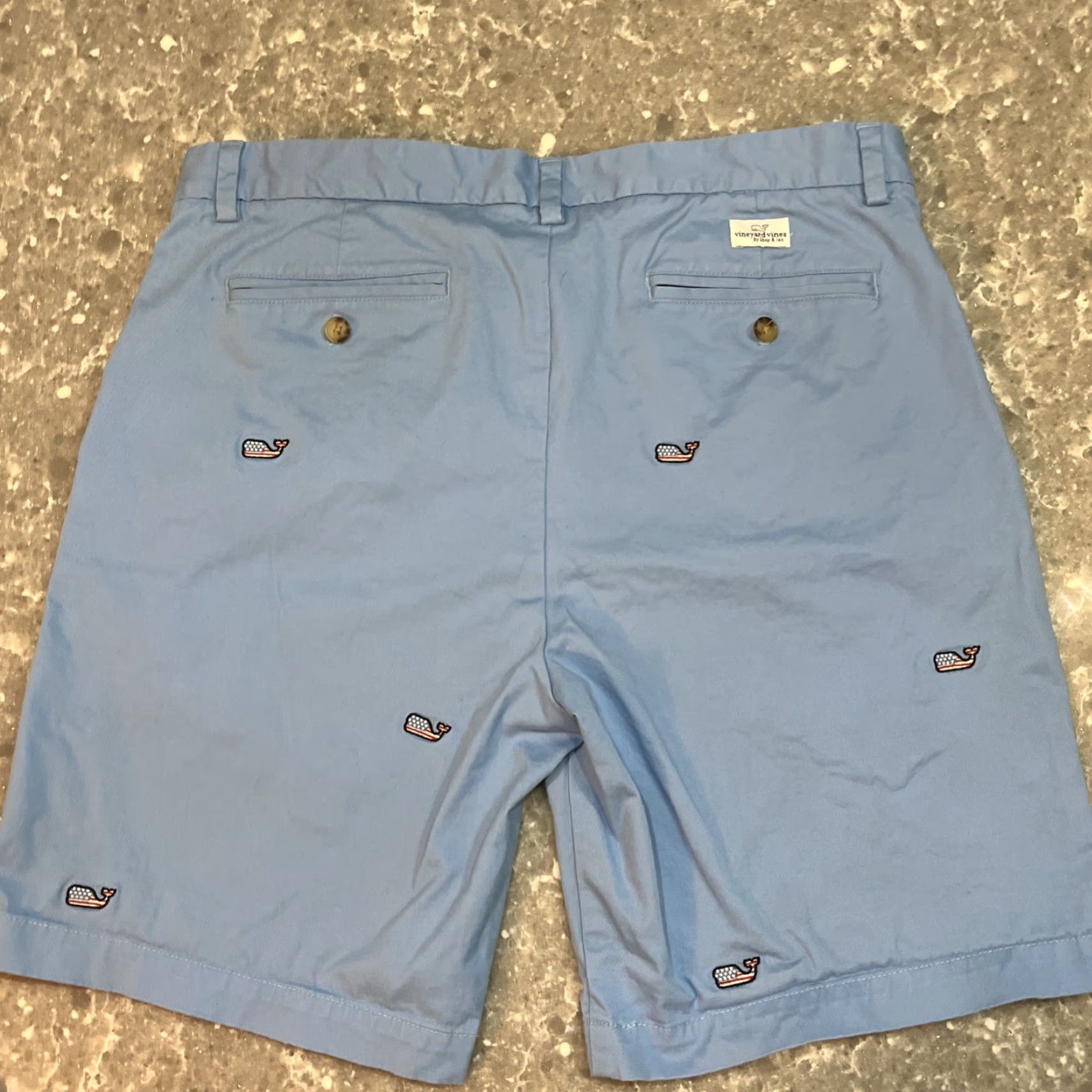 Vineyard Vines Vineyard Vines Shorts Mens Chino All Over Print AOP Whale American Flag 35 Waist Blue Logo Embroidered Pockets Button Zipper Regular Inseam 8 Size US 35 - 6 Thumbnail