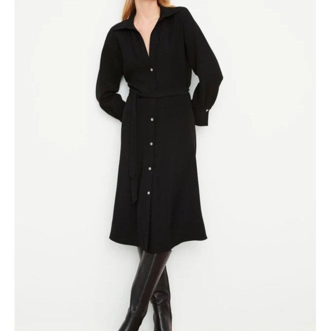 Vince Vince Black Button-Front Midi Dress Belted Waist Collared Ne Size XXS / US 00 / IT 34 - 2 Thumbnail