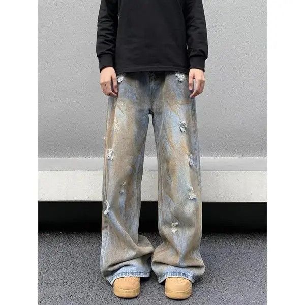 image of Vintage Hole Tie-Dye Distress Wide Leg Jeans in Washed Blue, Men's (Size 34)