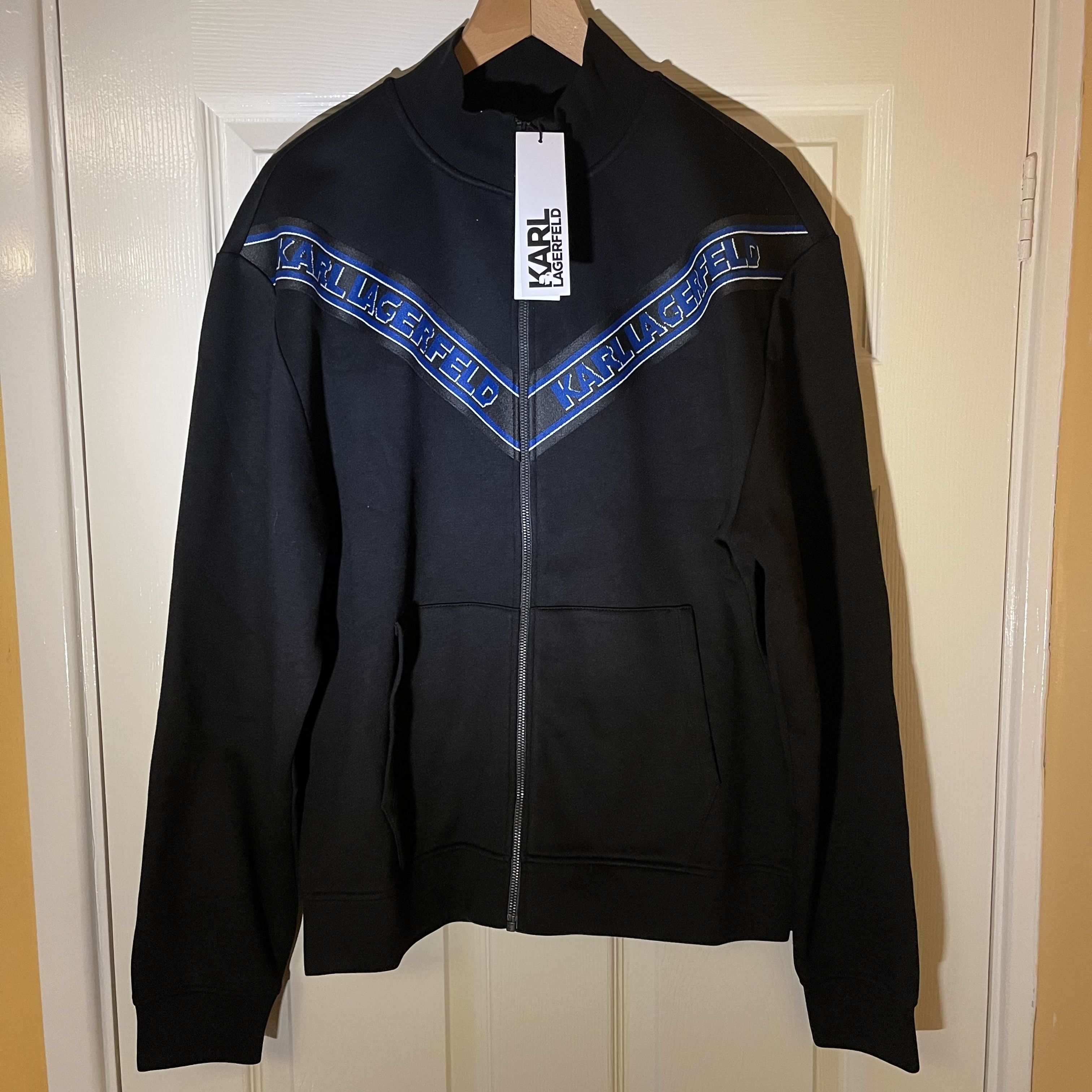 image of Karl Lagerfeld Logo Tape Zip-Up Sweatshirt New With Tags in Black, Men's (Size Medium)