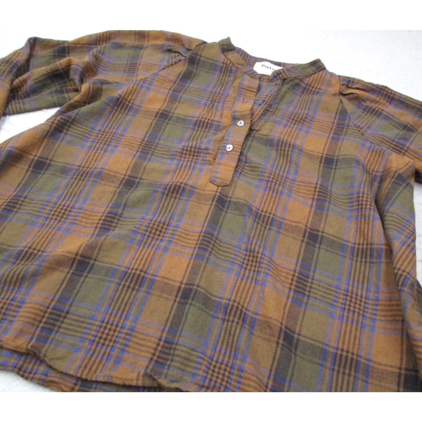 Vintage Pietsie Women's Brown Plaid Long Sleeve Henley Button Up Blouse - 100% Cotton Made in USA, Size Medium Size M / US 6-8 / IT 42-44 - 2 Thumbnail