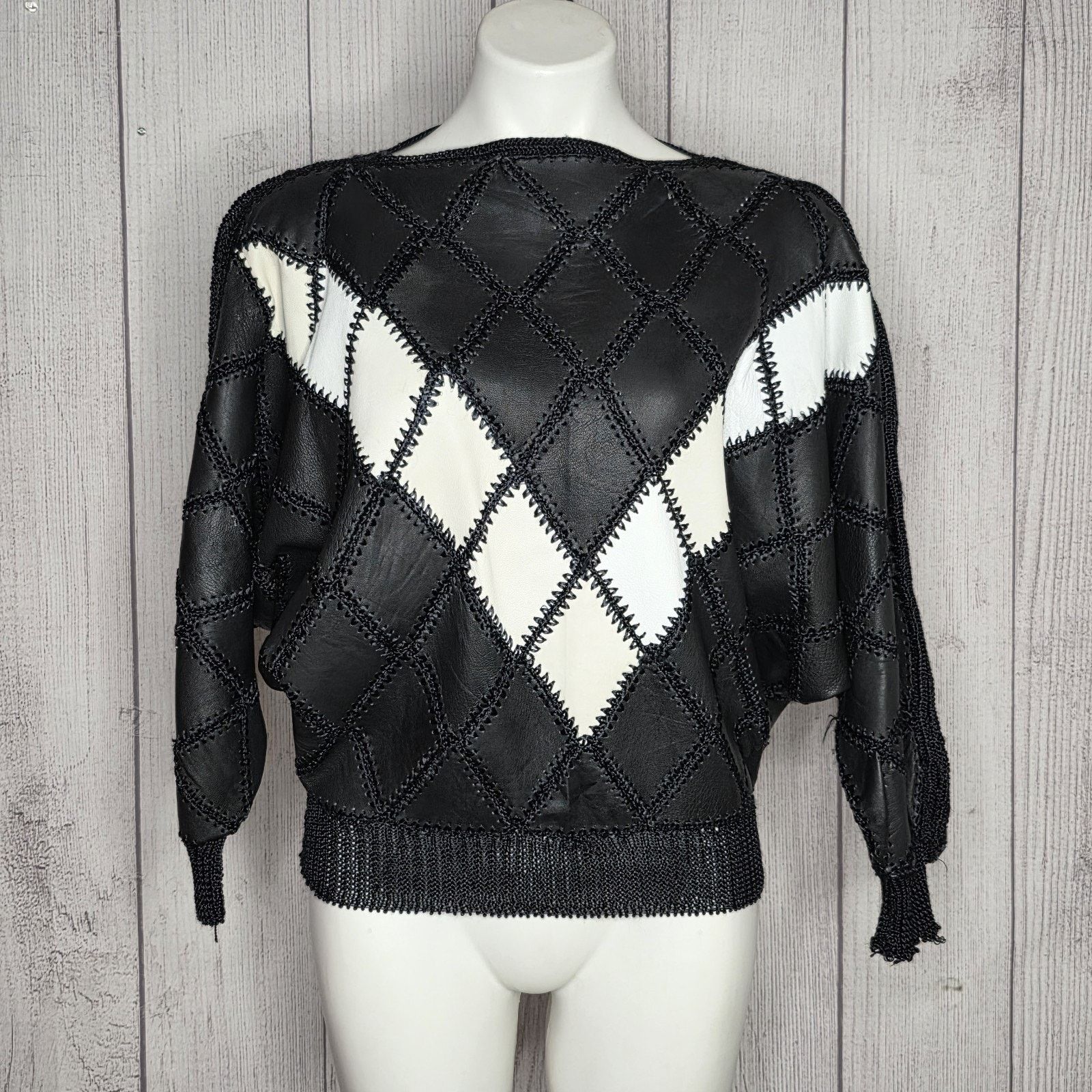 Vintage VTG Leather Argyle Patchwork Batwing Top & Midi Skirt Set Size S / US 4 / IT 40 - 4 Thumbnail