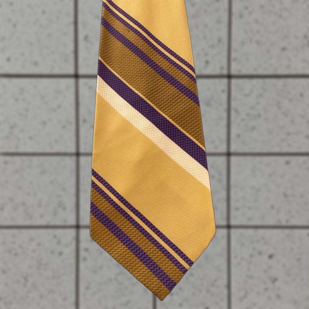 Vintage VINTAGE Mr. Varsity Jack Lang Rayon Tie Repp Tie Purple Gold Lakers 58" Tie Mens 4x58 Yellow Purple White LA 1980s Size ONE SIZE - 1 Thumbnail
