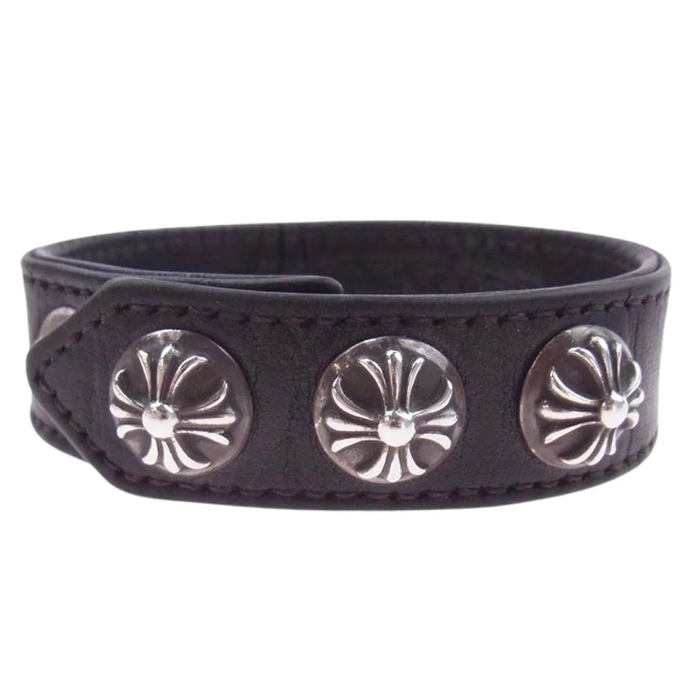 Pre-owned Chrome Hearts 3btn 2snp Leather Bracelet Bangle In Black