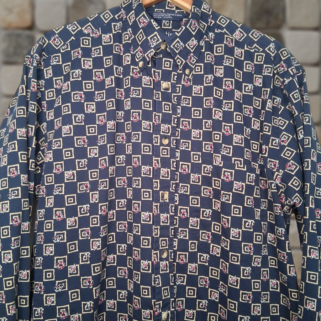 Nautica VINTAGE Nautica Button-Down Shirt Geometric Pattern, Blue, Cotton, Long Sleeve, Mens M, 1990s, Nautical Sailboat Theme Size US M / EU 48-50 / 2 - 1 Thumbnail