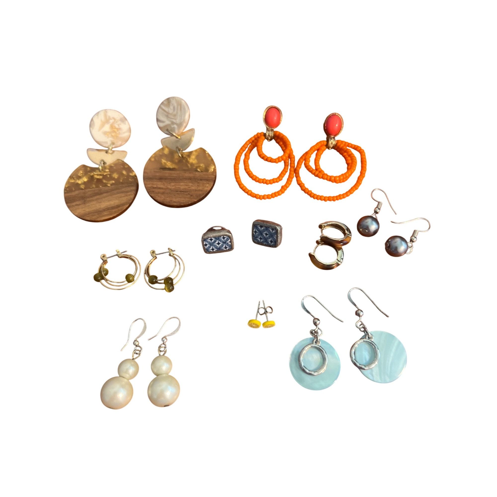 Other Lot Of 9 Pairs Pierced Earrings Hoops Dangle Wood Lemon Oran Size ONE SIZE - 1 Thumbnail