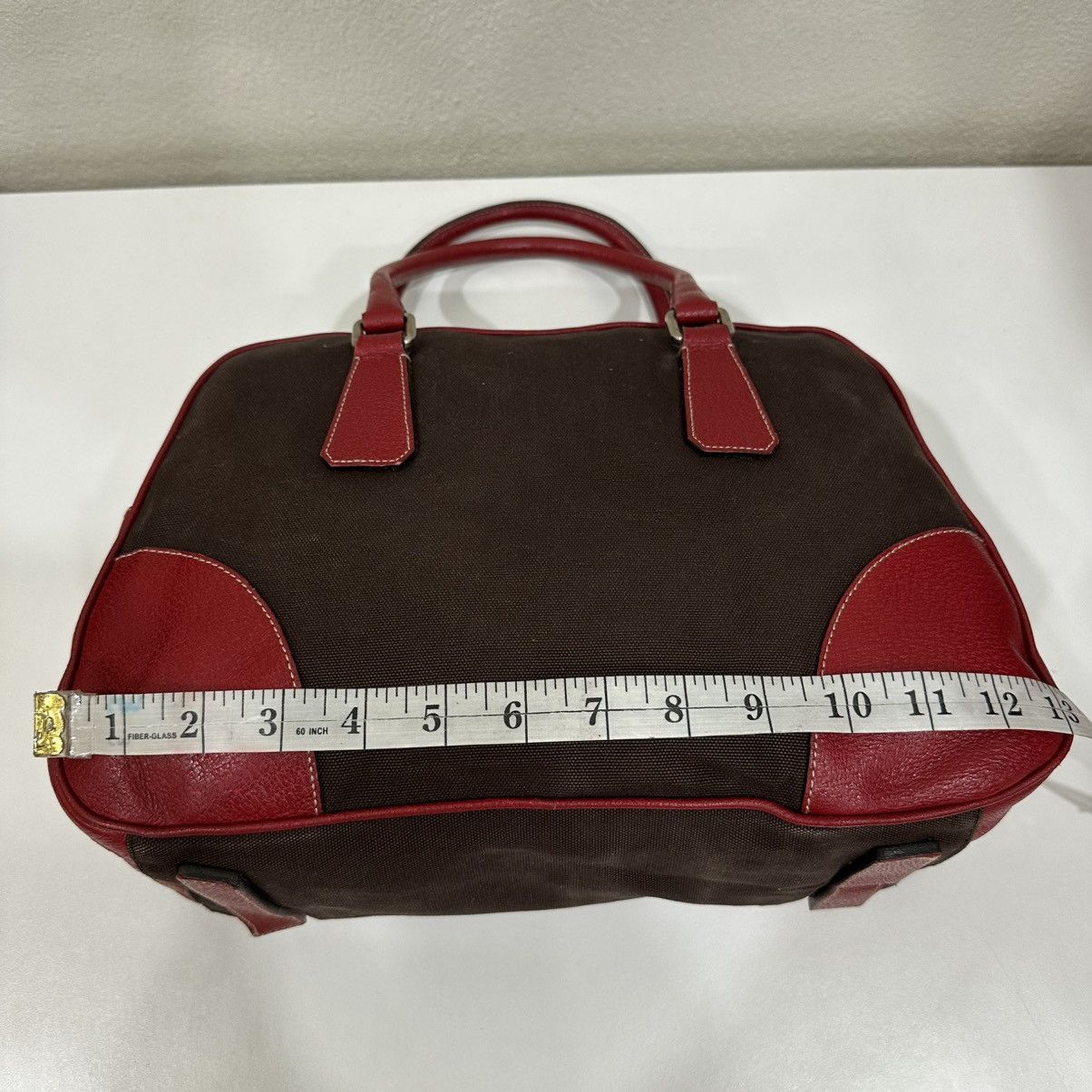 Prada PRADA BOWLING MINI BOSTON BAG BROWN CANVAS RED TRIM LEATHER Size ONE SIZE - 11 Thumbnail