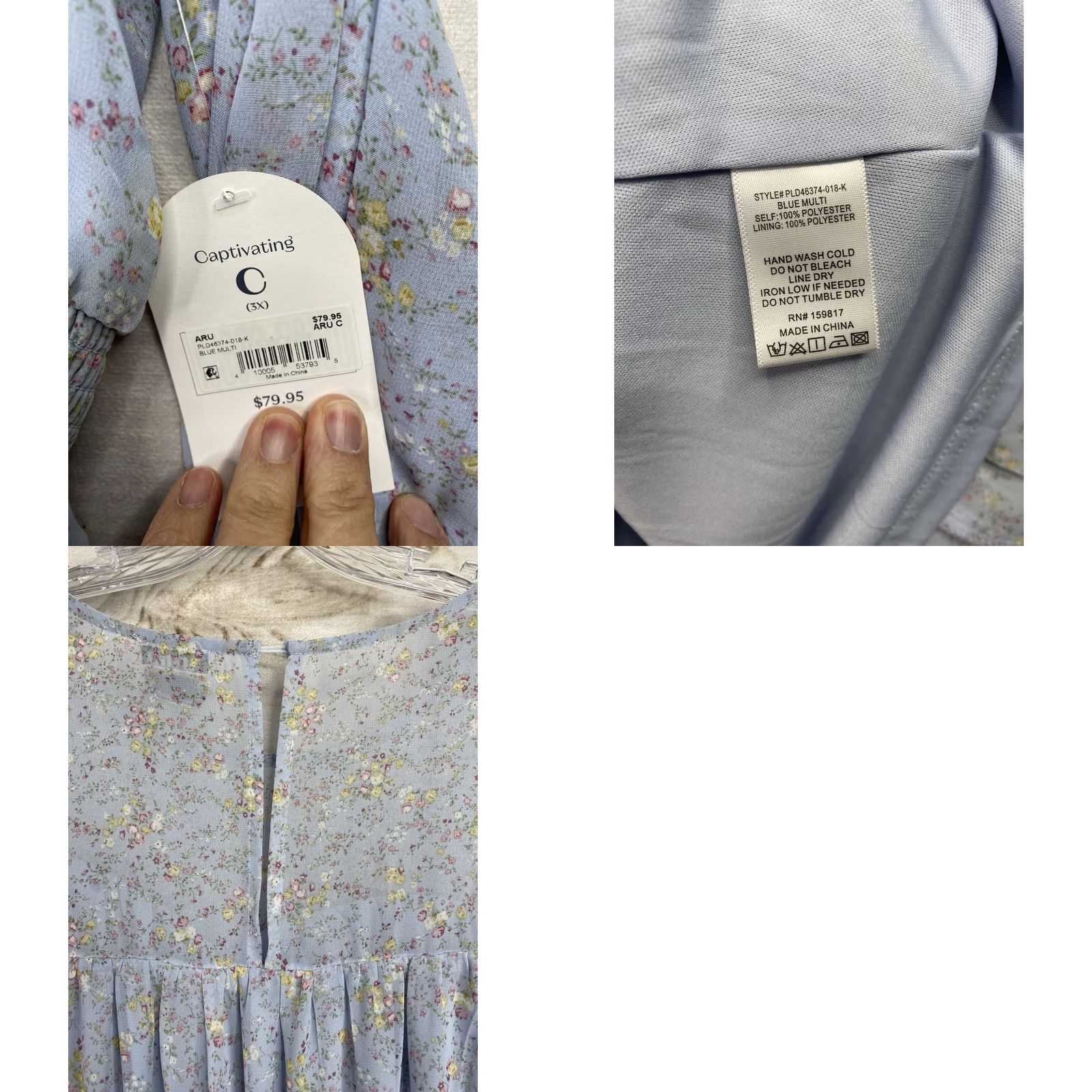 Vintage Arula Dress 3X Blue Floral Long Sleeve Mini Tiered Smocked Waist NWT Casual, Bohemian Dress Mens Women Girls Size XXL / US 16-18 / IT 52-54 - 8 Thumbnail