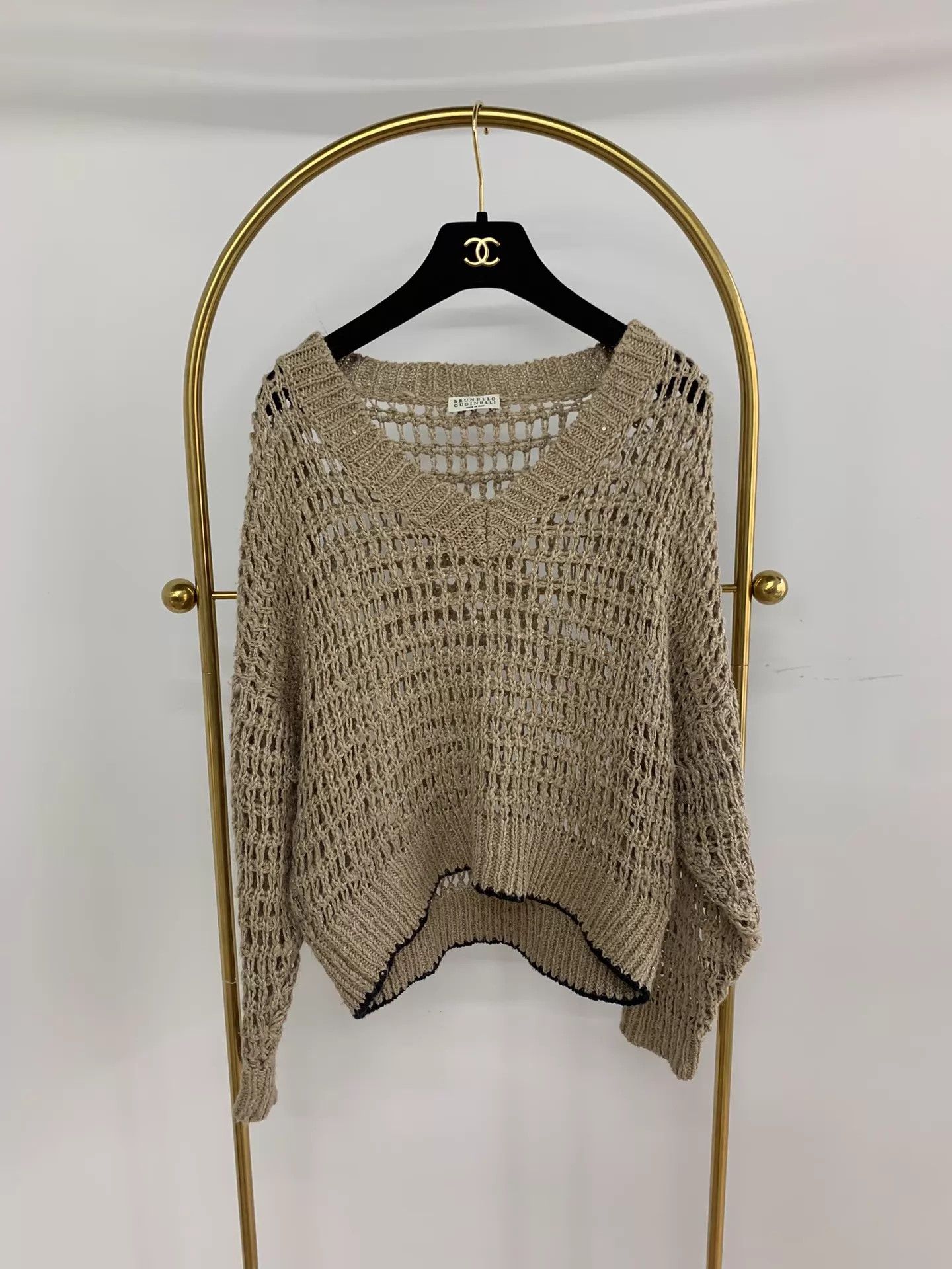 Brunello Cucinelli Brunello Cucinelli Khaki V-Neck Sequin Cutout Knit Sweater Size XS / US 0-2 / IT 36-38 - 1 Thumbnail