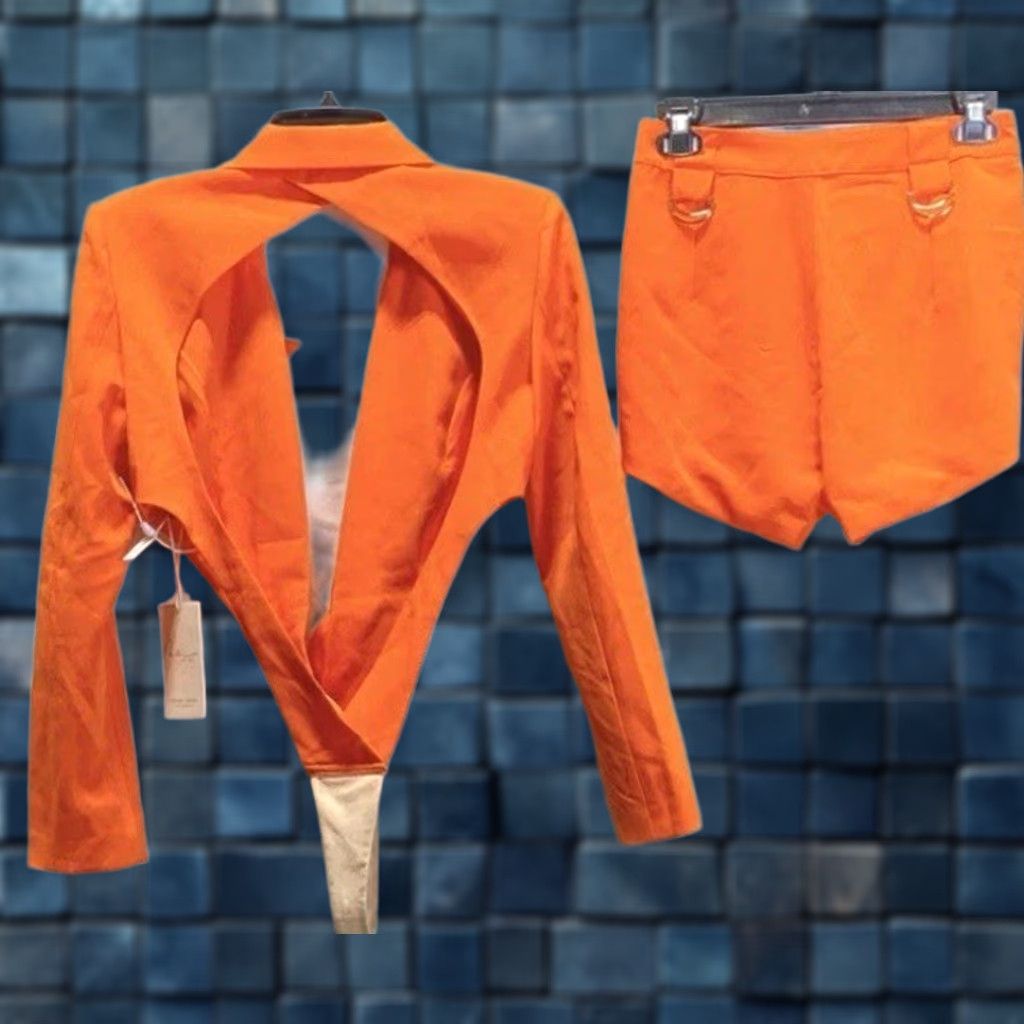 Vintage Mew Mews 2 Piece Bodysuit Shorts Set Women Orange S Long Sleeve Collared Cut Out Beach Summer Size S / US 4 / IT 40 - 1 Thumbnail