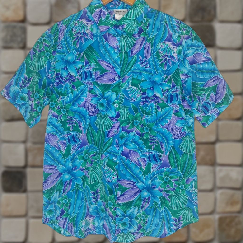 Vintage VINTAGE BonWorth Blouse Womens XS Blouse Short Sleeve Floral Fish Tropical Aloha Blue Purple Green Casual 90s Womens Size XS / US 0-2 / IT 36-38 - 1 Thumbnail