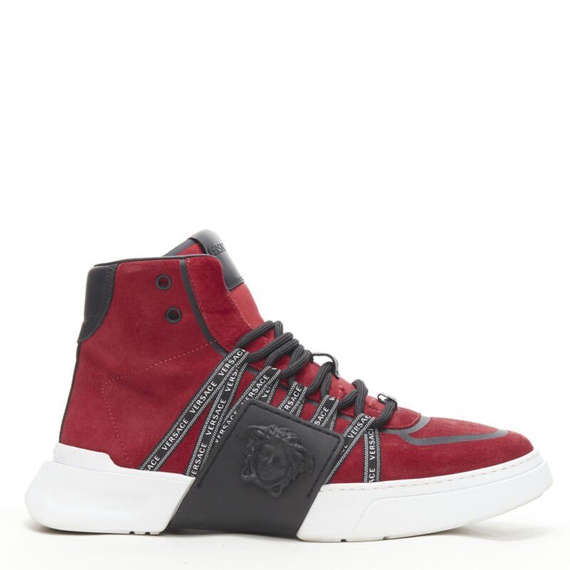 VERSACE red suede Medusa emblem nastro logo ribbon high top