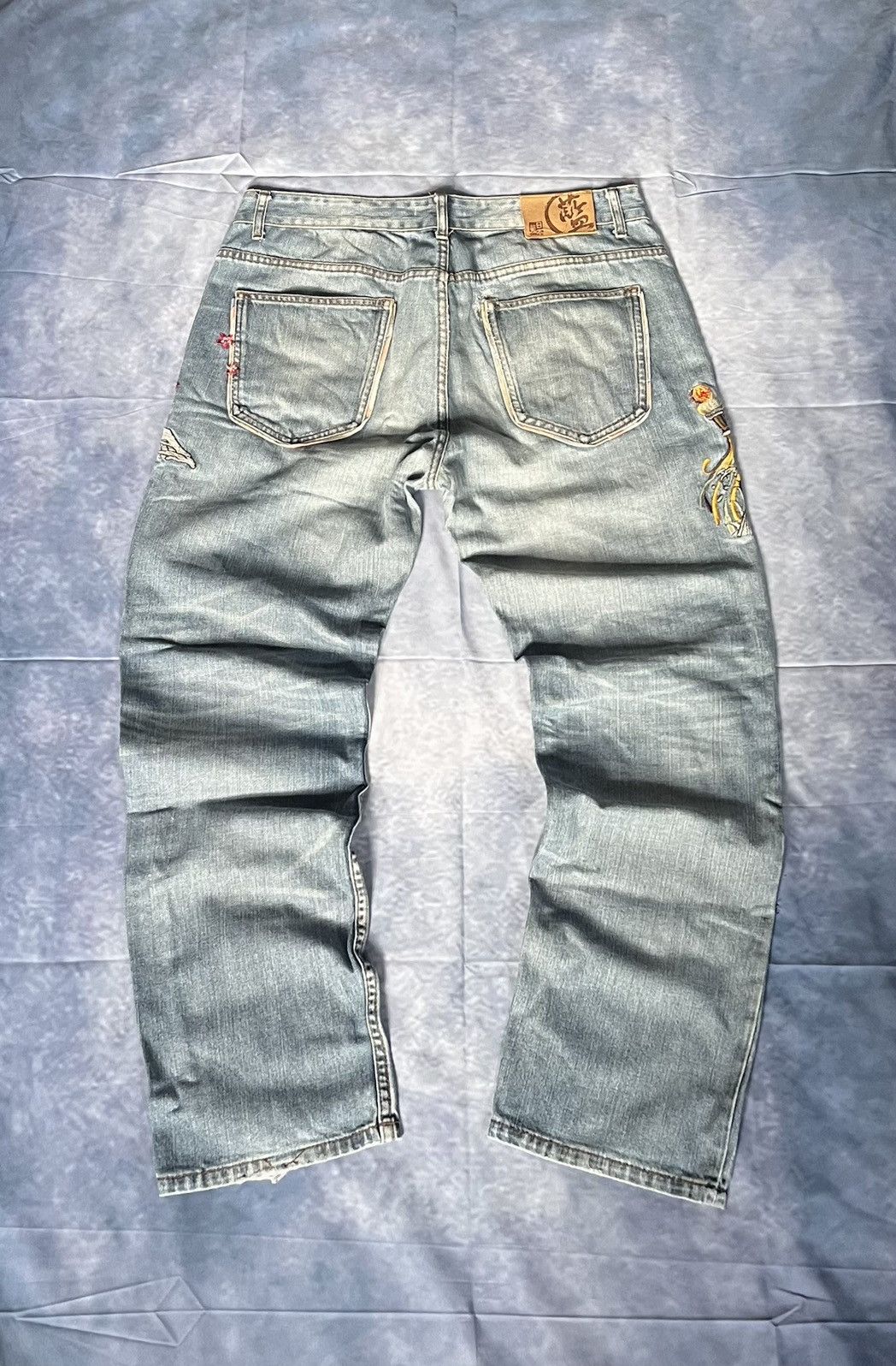 Japanese Brand Nippon Blue Y2K Embroidered Koi Fish Jeans Size US 36 / EU 52 - 4 Thumbnail