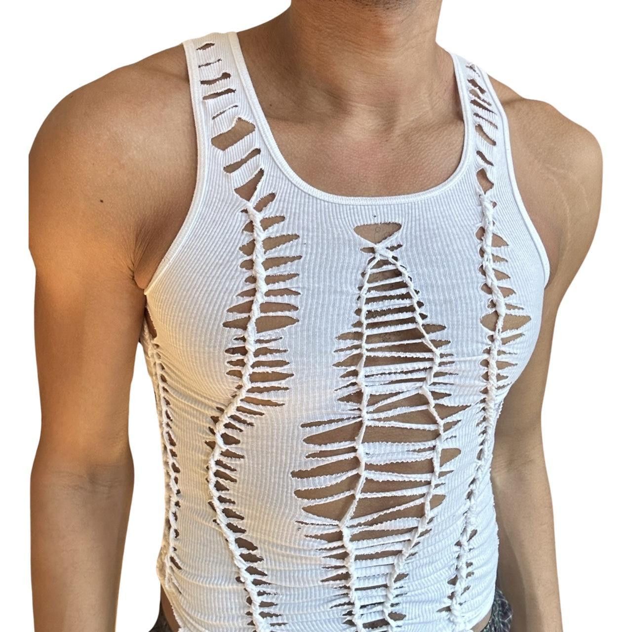 Hanes ASTROBOI* WHITE SHREDDED BRAIDED FESTIVAL TANK TOP _ SMALL Size US S / EU 44-46 / 1 - 2 Thumbnail
