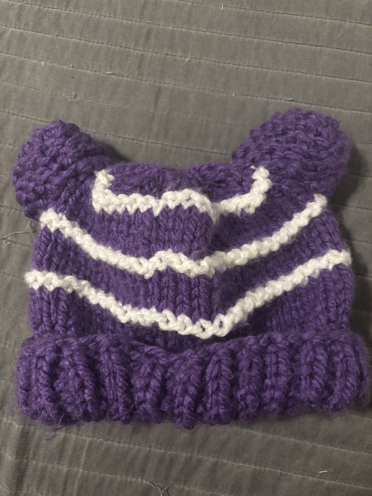 Handmade Knit Purple and White Bear Ear Beanie Size ONE SIZE - 2 Thumbnail