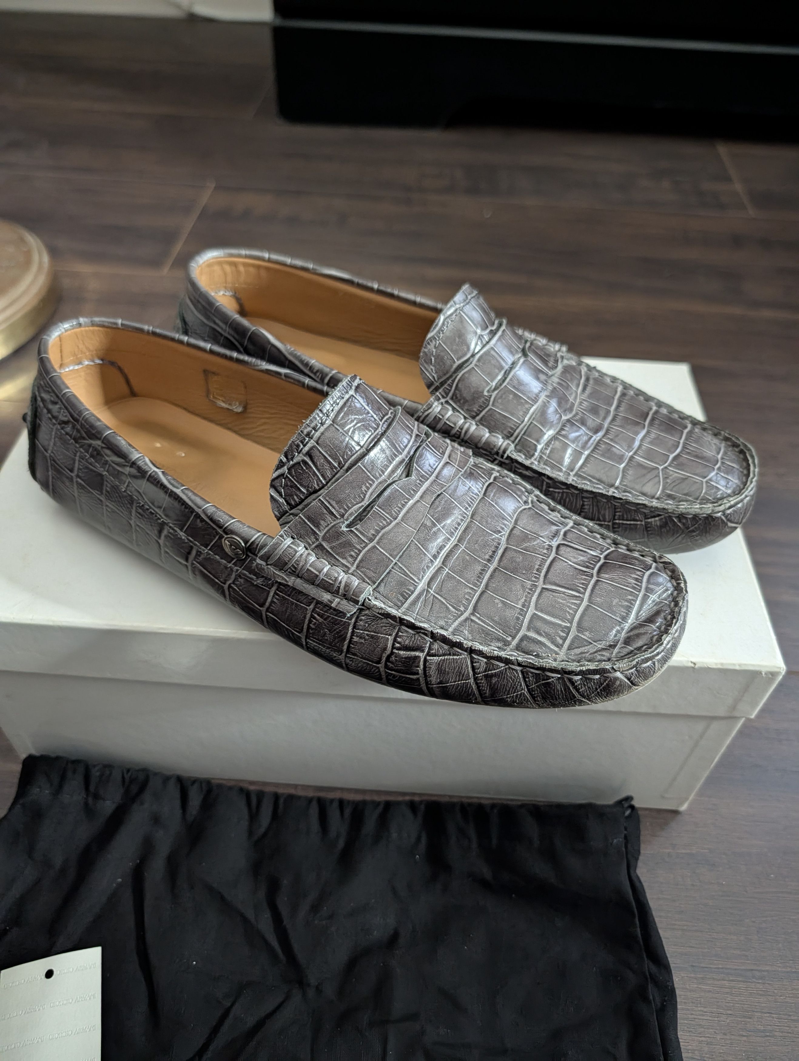 Emporio Armani Spanish alligator leather embossed gray driving loafers 9 Size US 9 / EU 42 - 2 Thumbnail
