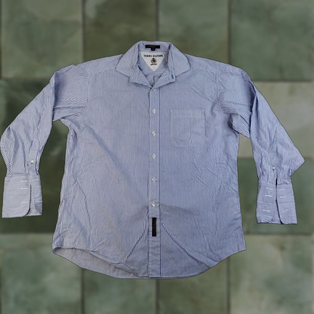 Tommy Hilfiger Tommy Hilfiger Shirt Mens 16 Blue White Striped Button Up French Cuff Dress Y2K Size 42R - 1 Thumbnail