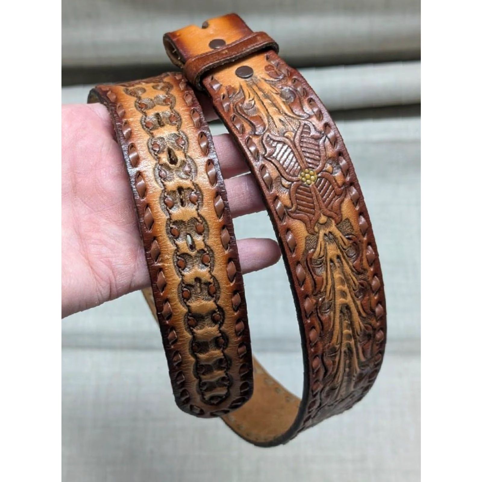 Tony Lama VINTAGE Tony Lama Belt Western Belt Men 30 Brown Leather Cowhide Tooled Floral USA Made Buckle Slim 1-3/4" Western Theme Southwestern Mens Size 30 - 2 Thumbnail