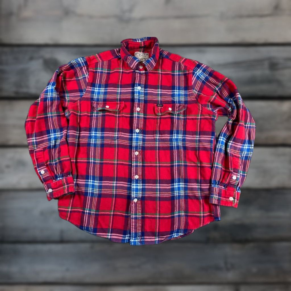 VINTAGE Polo Ralph Lauren Flannel Shirt Men Large Red Blue Plaid 90s Grunge Heavyweight