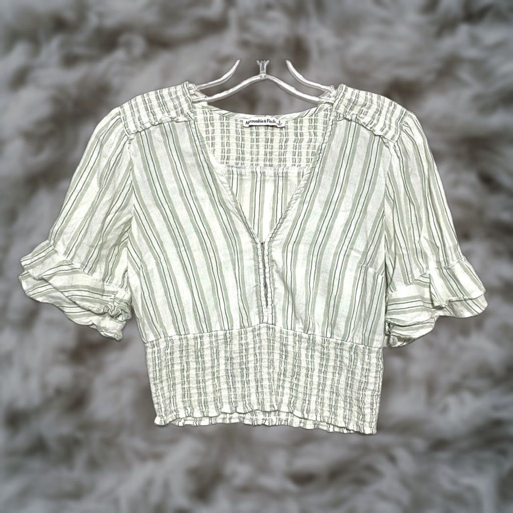 Abercrombie & Fitch Abercrombie V Neck Blouse Womens S Green Striped Smocked Ruffles Boho Festival Shirt Size S / US 4 / IT 40 - 1 Thumbnail