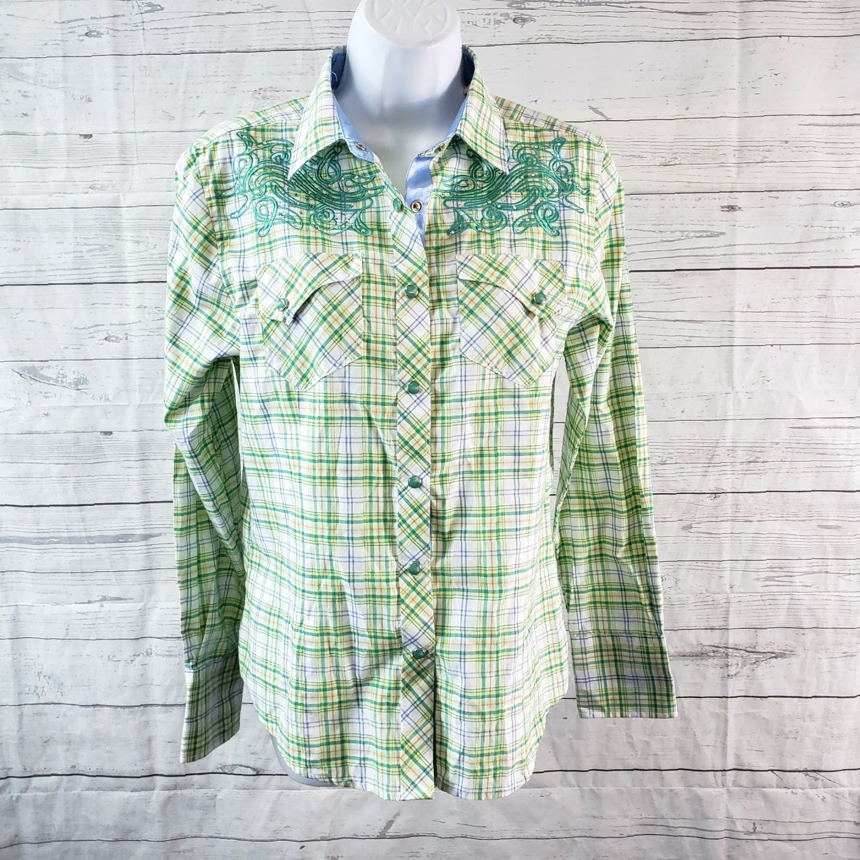 Vintage Danesi Womens Pearl Snap Shirt Sz M Green White Plaid Embroidered Button-Up Shirt/Top Size M / US 6-8 / IT 42-44 - 2 Thumbnail