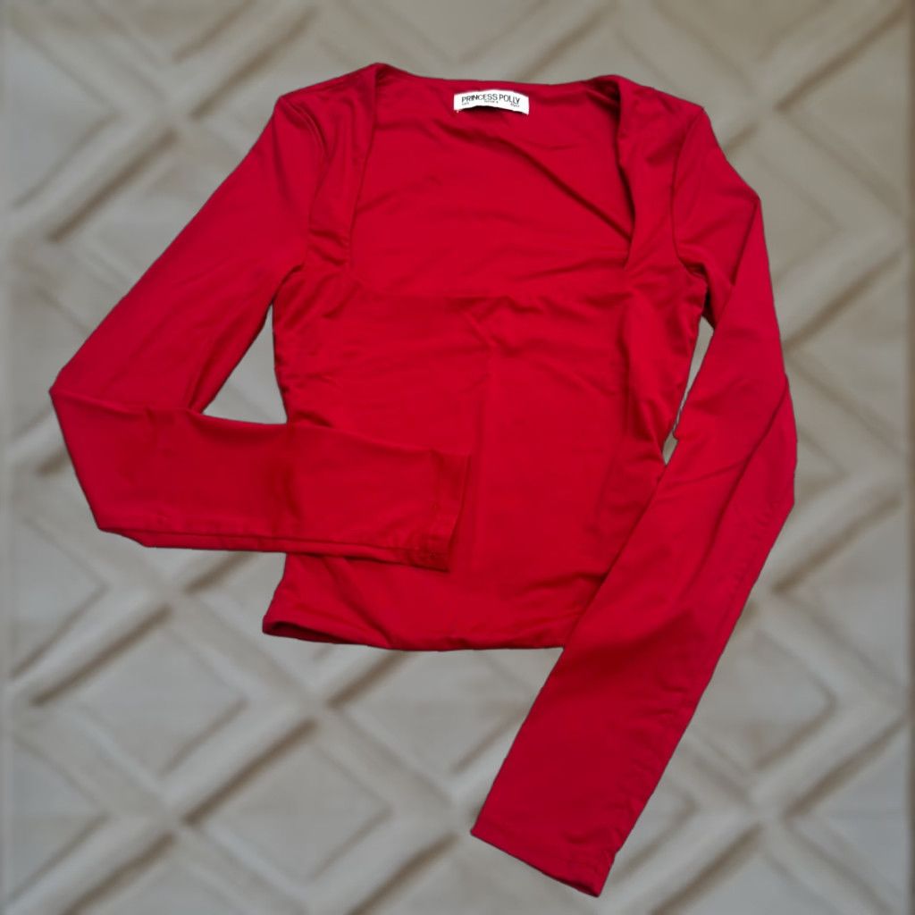 PRINCESS POLLY Princess Polly Shirt Womens 0 Red Nylon Spandex Square Neck Long Sleeve Top Size XS / US 0-2 / IT 36-38 - 1 Thumbnail