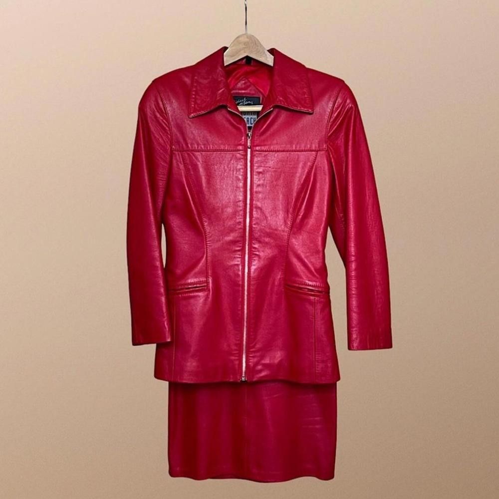 image of Designer North Beach Leather Red Italian Leather Jacket & Skirt, Women's (Size Medium)