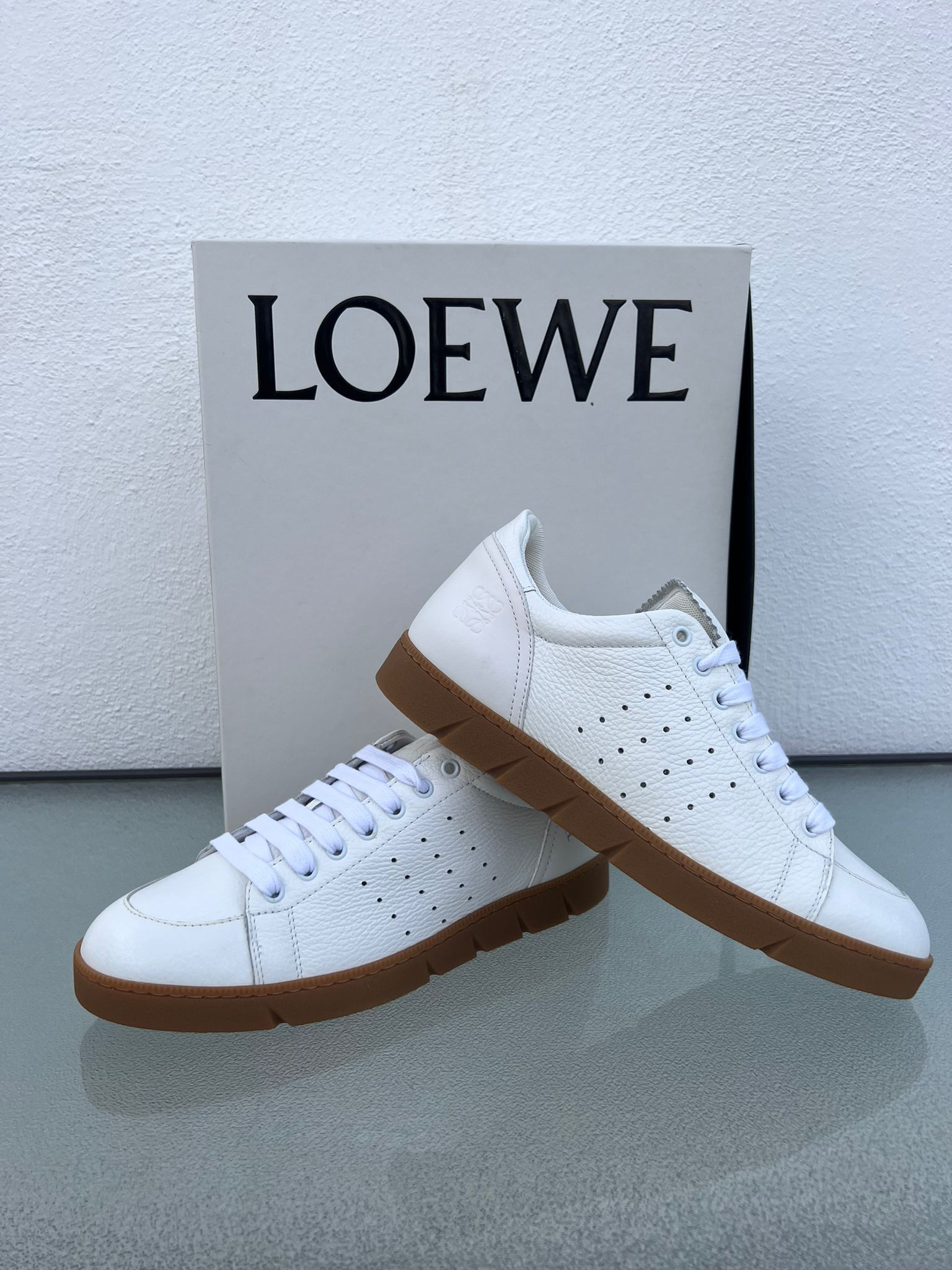 image of Loewe White & Tan Soft Sneakers, Men's (Size 9)