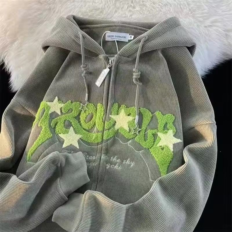 Y2K Star Corduroy Zip-Up Hoodie