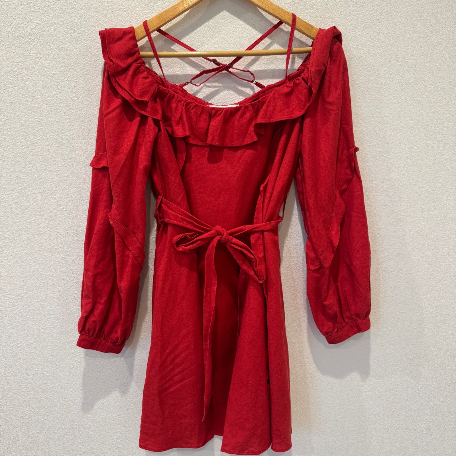 REVOLVE Marissa Webb Red Ruffle Off The Shoulder Belted Mini Dress Size S / US 4 / IT 40 - 5 Thumbnail