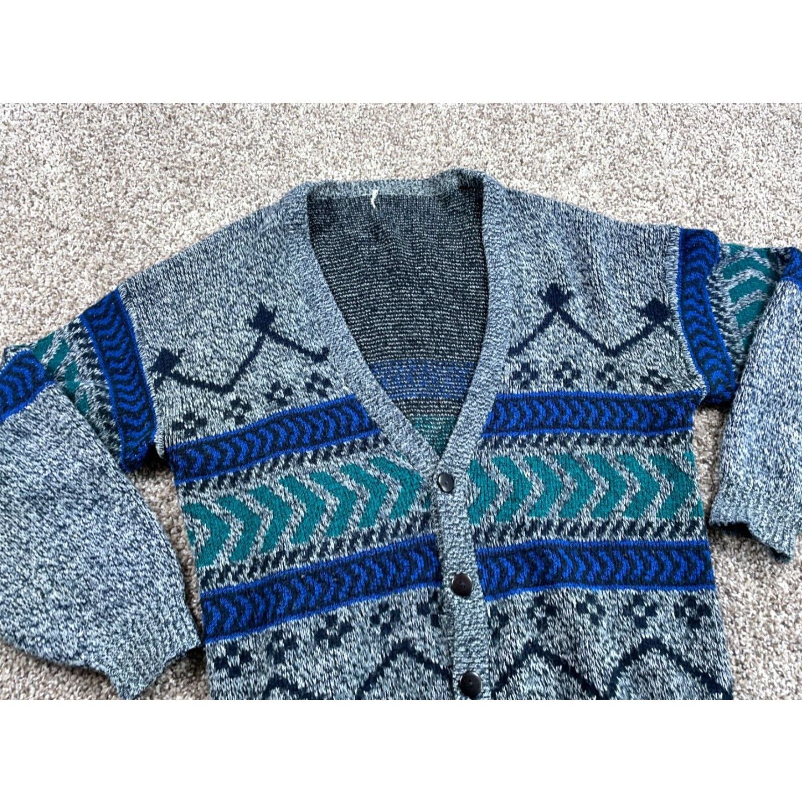 Vintage VINTAGE 80s Geometric Cardigan Sweater Adult Large Gray Preppy Acrylic Mens Size US L / EU 52-54 / 3 - 5 Thumbnail