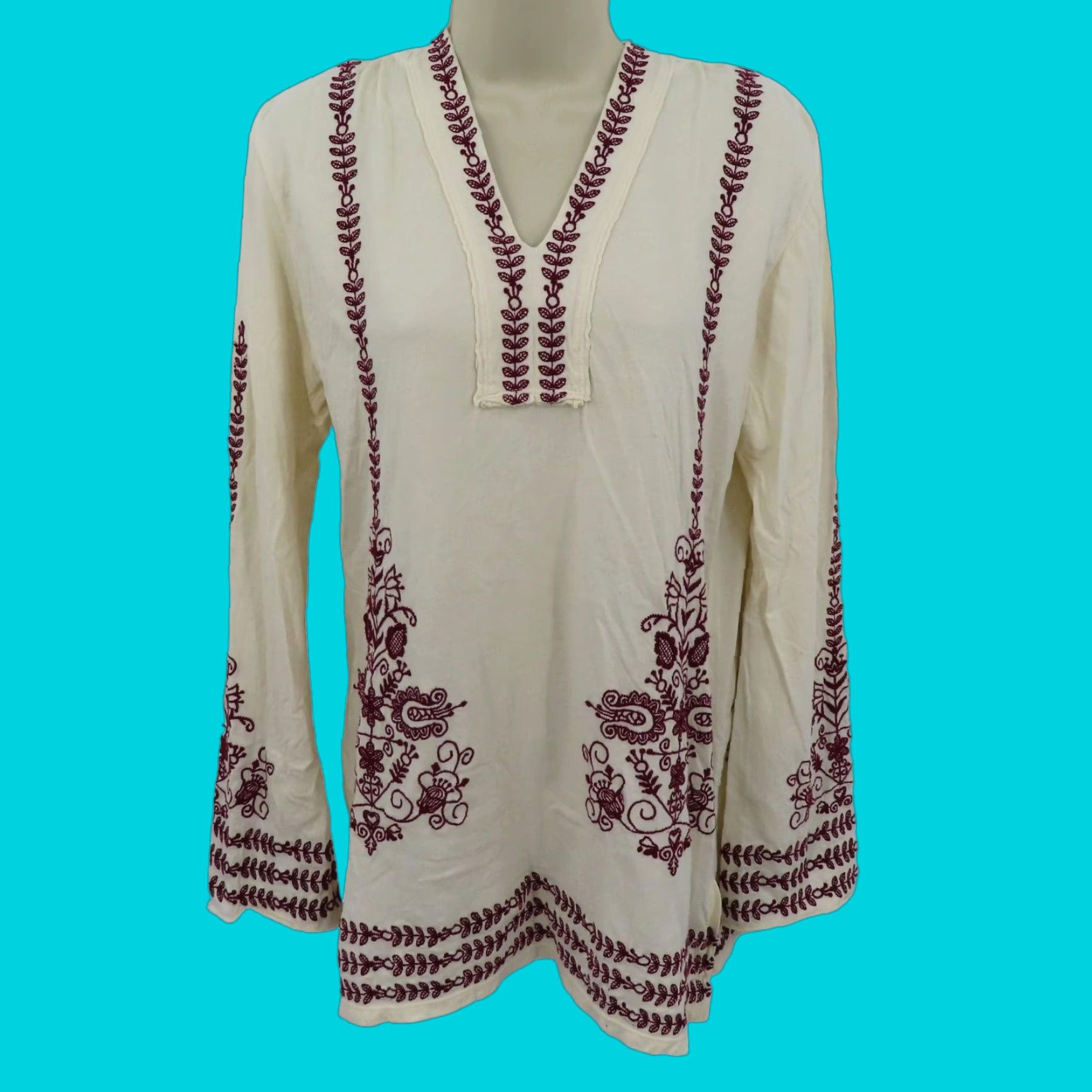 Johnny Was VINTAGE Johnny Was Women Small Cream Purple Embroidered Hooded Pullover Shirt Top Hoodie Size S / US 4 / IT 40 - 1 Thumbnail