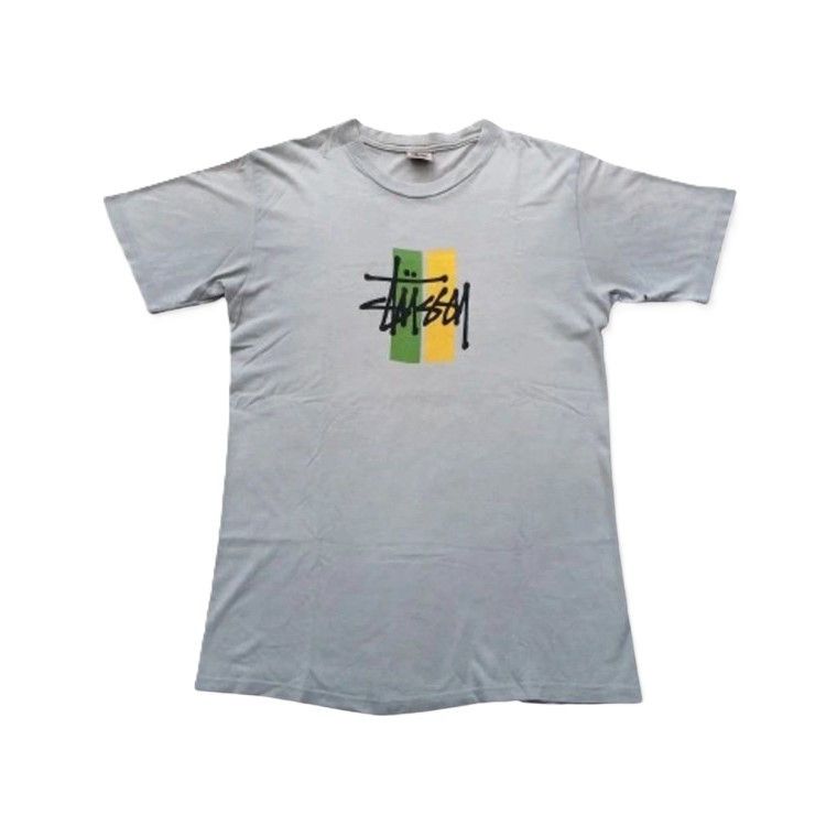 Vintage 90s Stüssy Made in USA Rasta Stripe Box Logo T-Shirt