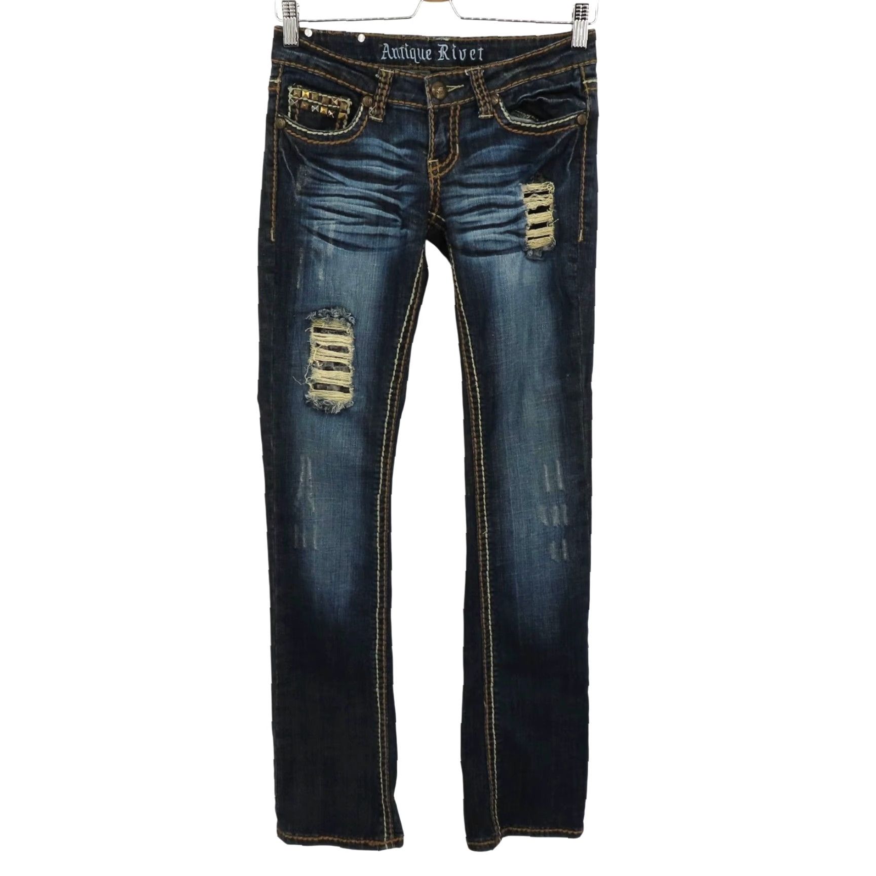 Denime Antique Rivet Jeans Women 25 Denim Distressed Studded 5-Pocket Skinny Cotton Blend Blue Vintage? No (avoid adding) Size 42" / US 20 - 2 Thumbnail