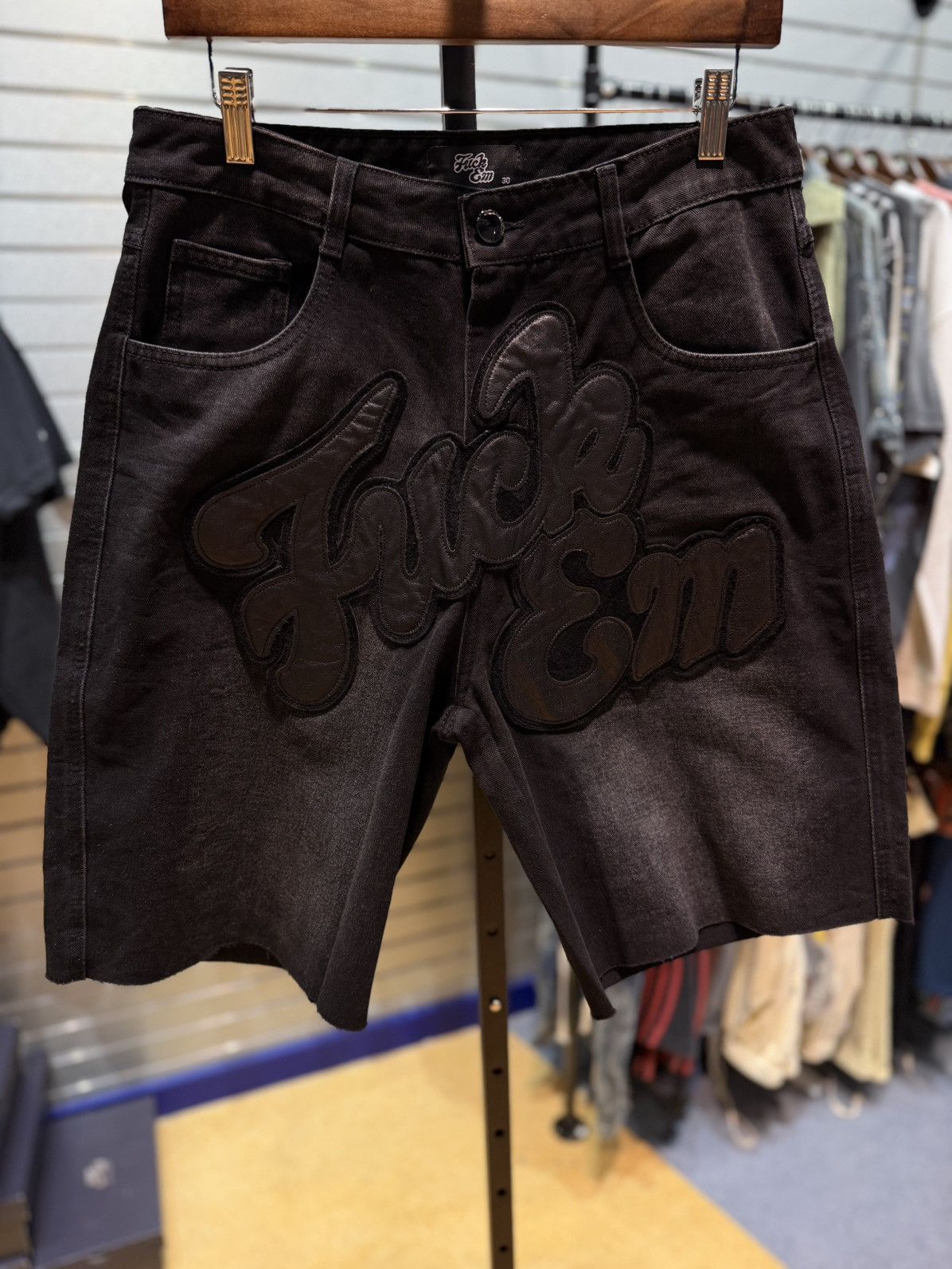 Other Fuck EM Shorts Black Denim Leather Patch Size (30) Size US 30 / EU 46 - 1 Thumbnail
