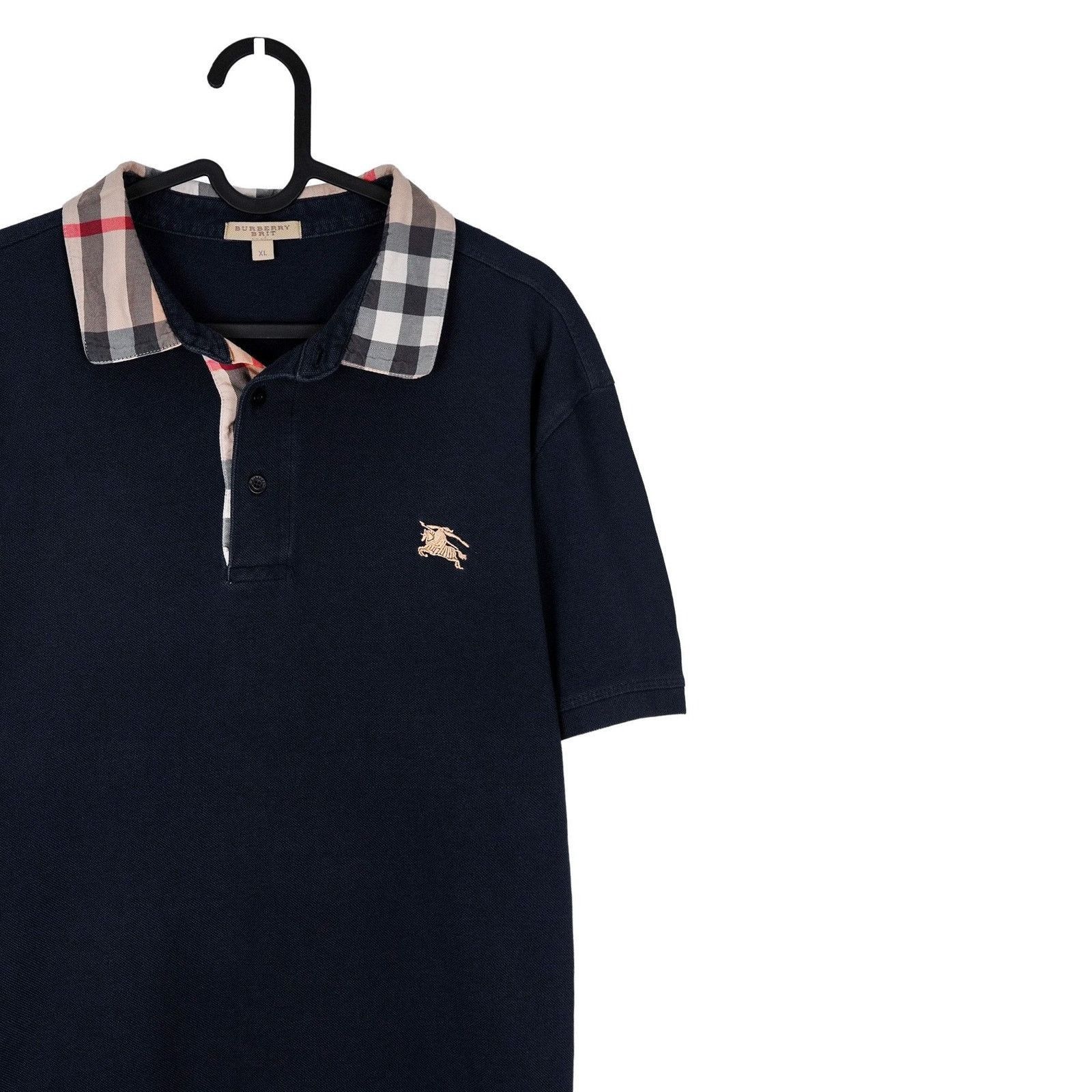 Vintage Burberry Brit Navy Blue Check Collar Logo Polo Shirt