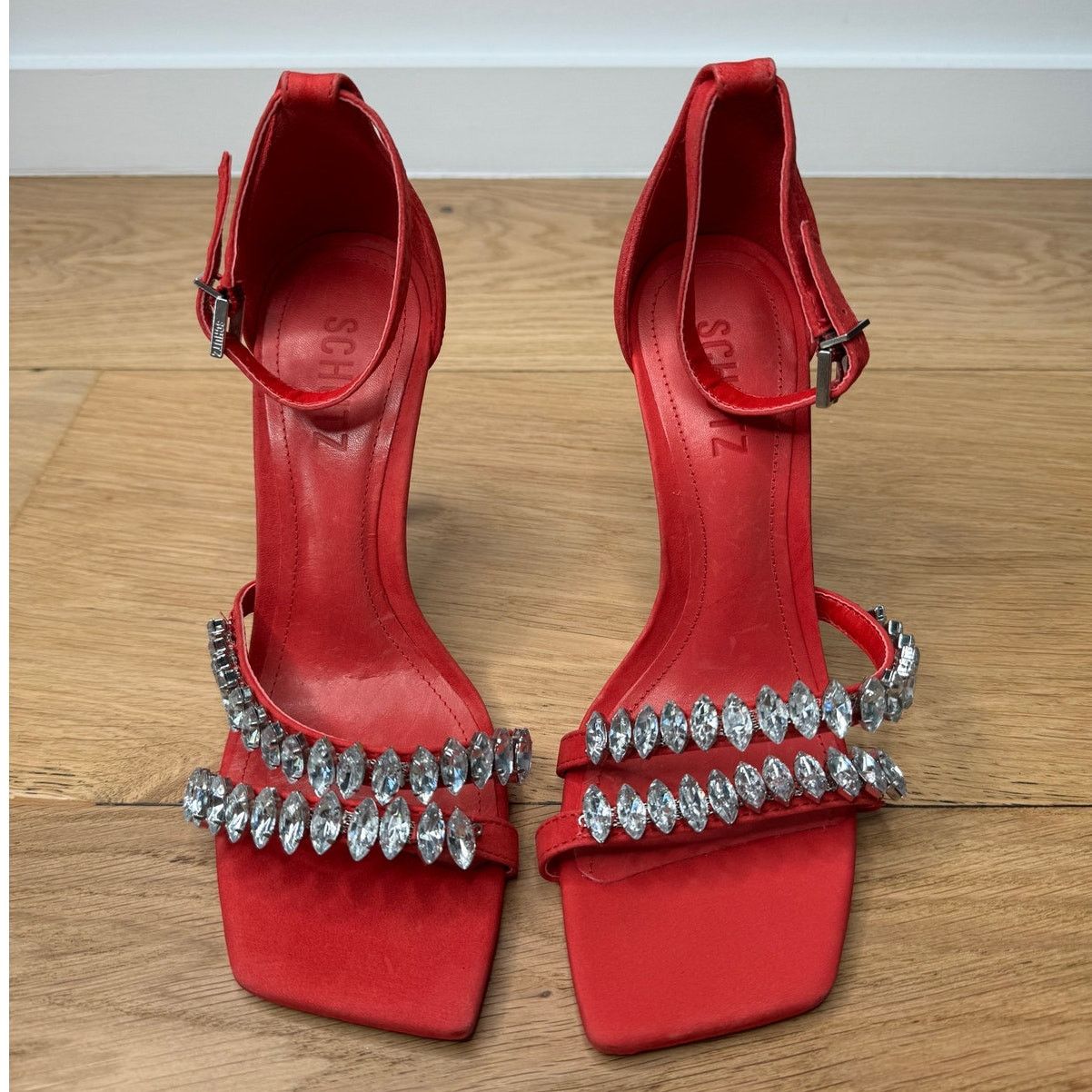 SCHUTZ NEW Schutz Linsey Red Nubuck Sandal Crystal Heels Size US 7 / IT 37 - 2 Thumbnail
