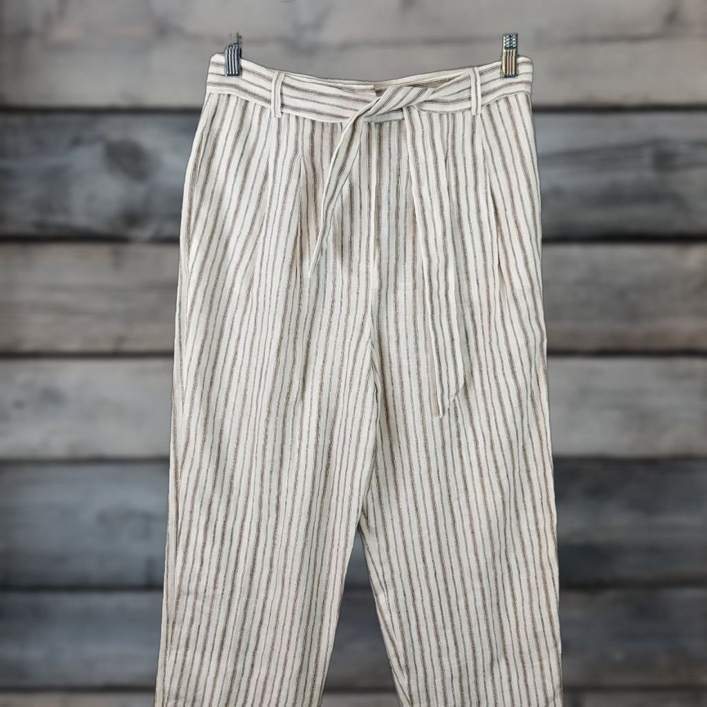 Vintage Caroll Paris Womens Linen Pants Sz 38 White Brown Striped High Rise Belted Linen Pants Women 38 Striped High Rise Belted Size 26" / US 2 / IT 38 - 1 Thumbnail