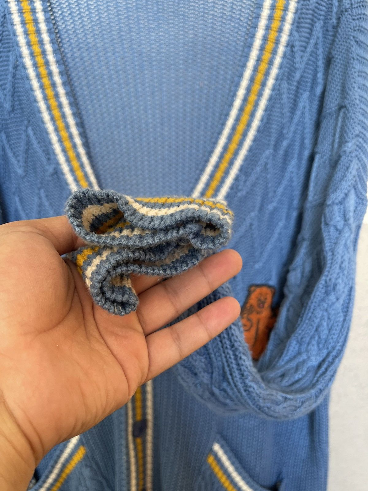 Ne-Net Ne Net Blue Cable Knit Cardigan Brown Bear Patch 2 Pockets Size ONE SIZE - 6 Thumbnail