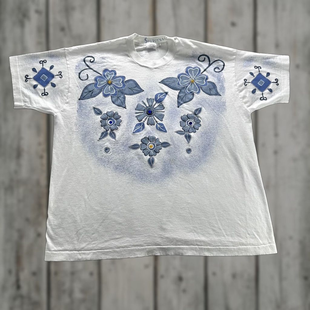 Vintage Wetpaint Shirt Mens XL White Floral Hand-Painted Short Sleeve Tee Size US XL / EU 56 / 4 - 1 Thumbnail
