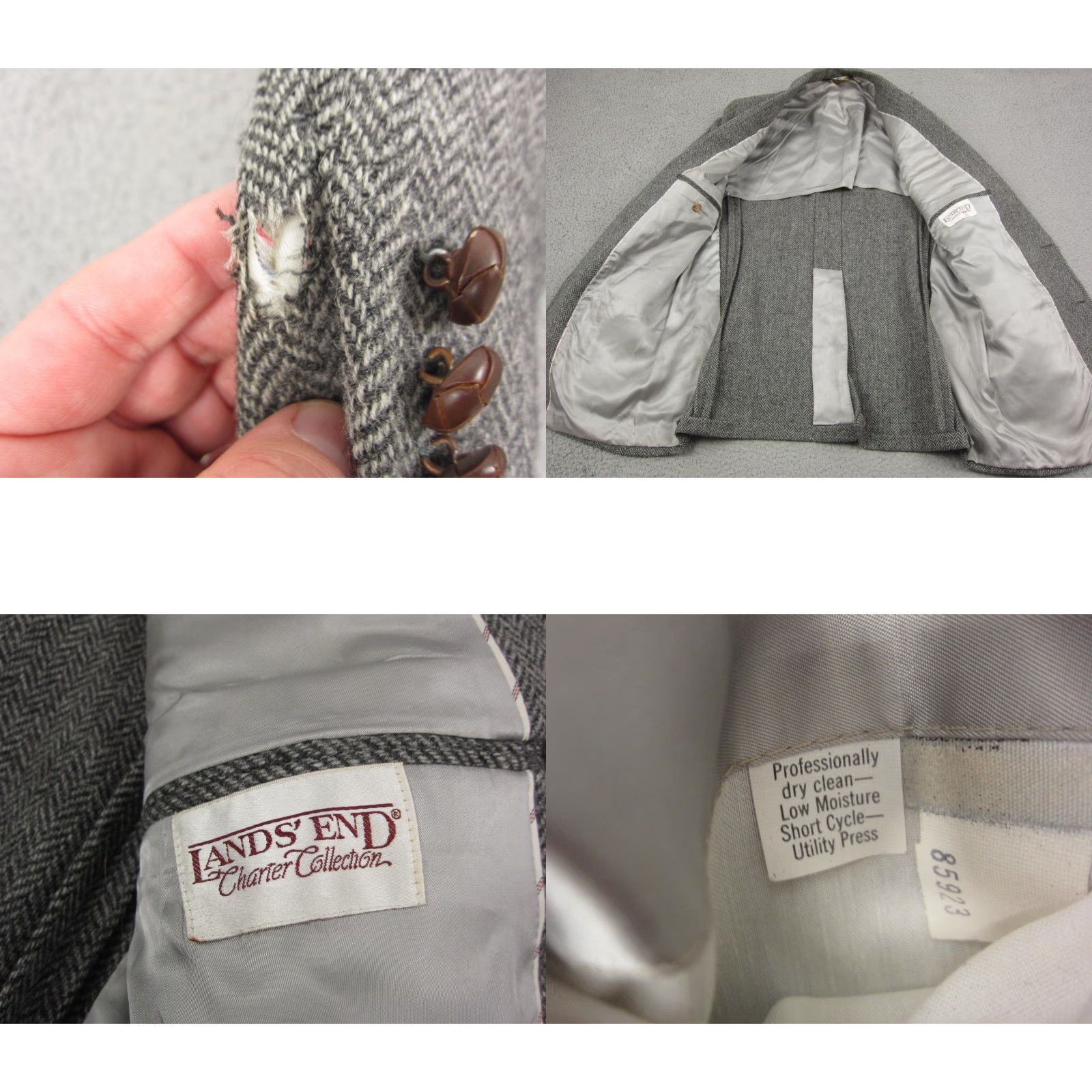 Lands' End VINTAGE Lands End Blazer Jacket Mens 44L Gray Herringbone Tweed Wool Coat 80s Blazer Men Size 44R - 9 Thumbnail