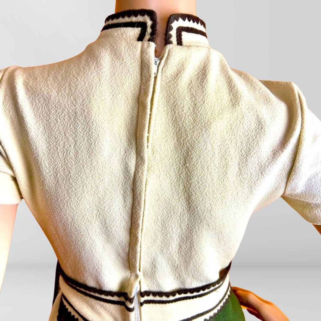 Vintage 1960s Cream & Olive Mock Neck Mod Dress